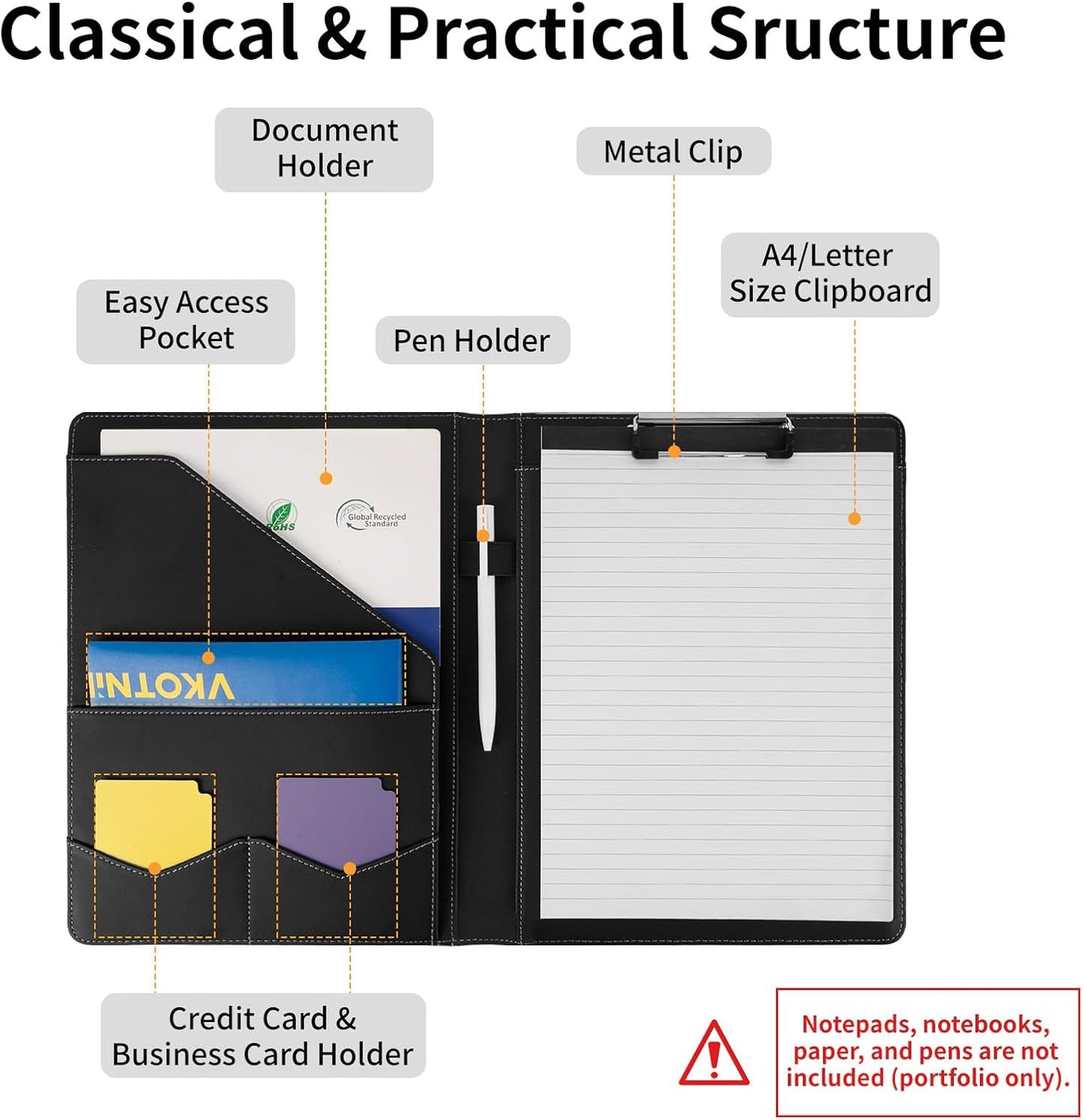 Professional Padfolio,Faux Leather Portfolio Folder Binder,Letter Size A4 Legal Writing Pad Holder for Business School Office Conference Notepad Clip Boards