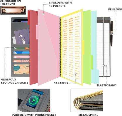 Ospelelf Clipboard with Storage for Women, Leather Padfolio Portfolio Organizer 5 Folders with 10 Pockets, Spiral Clipboard Folio with Notepad for Letter Size, Elastic Closure and Pen Loop Floral