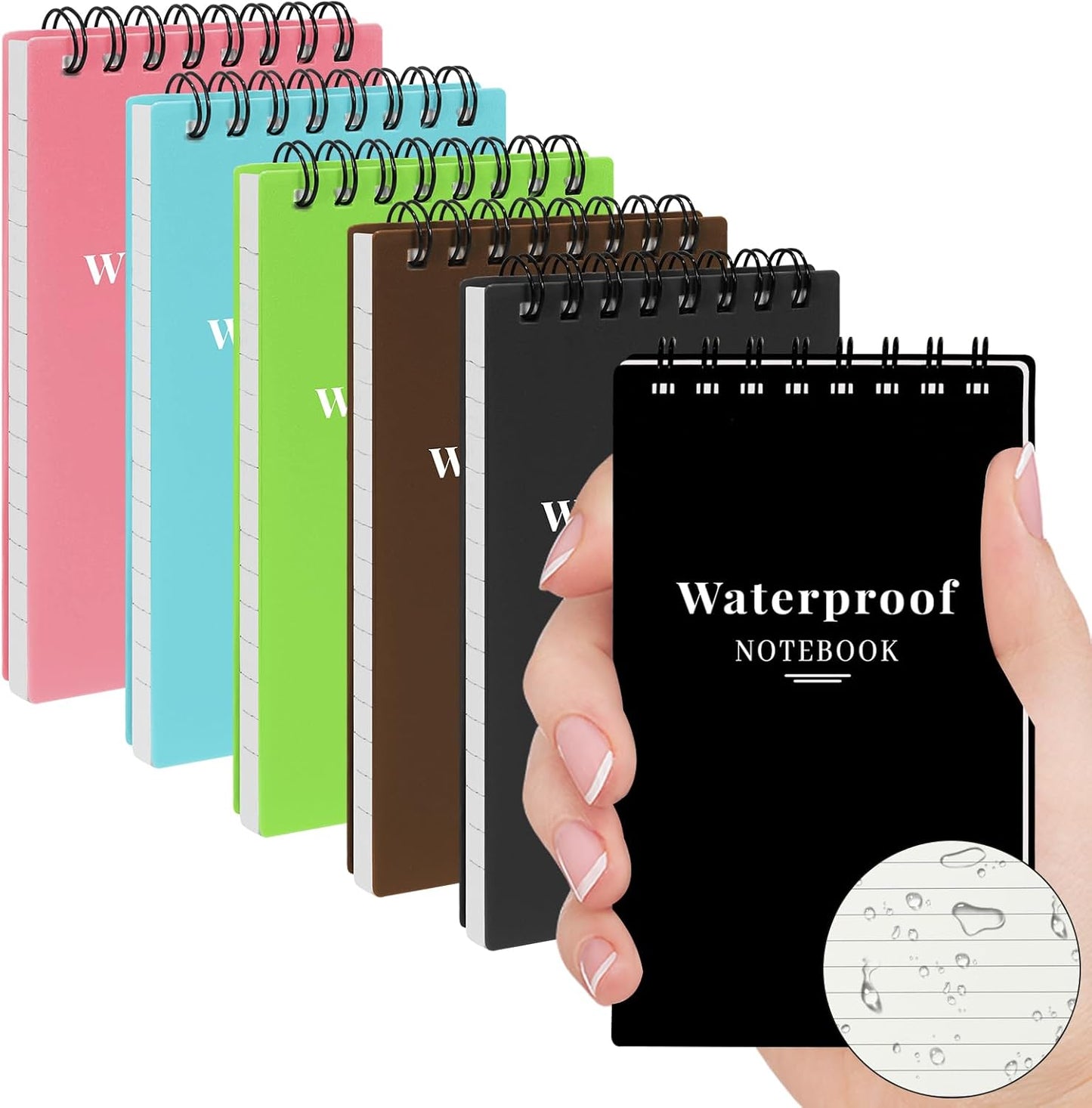 wavamawa 6 Pack Waterproof Notebook, 3x5 Pocket Notepad, Small Top Spiral Stone-Paper Notepad, Mini Pocket Notebook, Little Memo Note Pads for Outdoor, Office, School, Travel (Black)