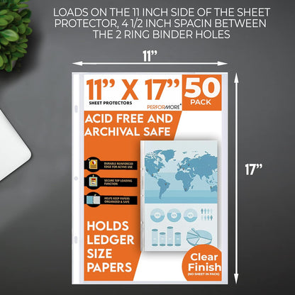 Performore 11 x 17 Sheet Protectors with 90 Microns Thick, Portrait View, Top Loading, Protect, Store and Display 11X17 Paper, Photographs, Prints, and Documents, 50 Pack