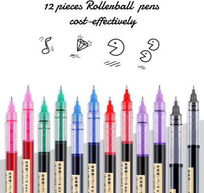 Frienda 12 Pieces Rolling Ball Pens 0.5 mm Japanese Quick Drying Fine Point Pens Liquid Ink Smooth Writing for Office Student Back to School Supplies(Multicolor)