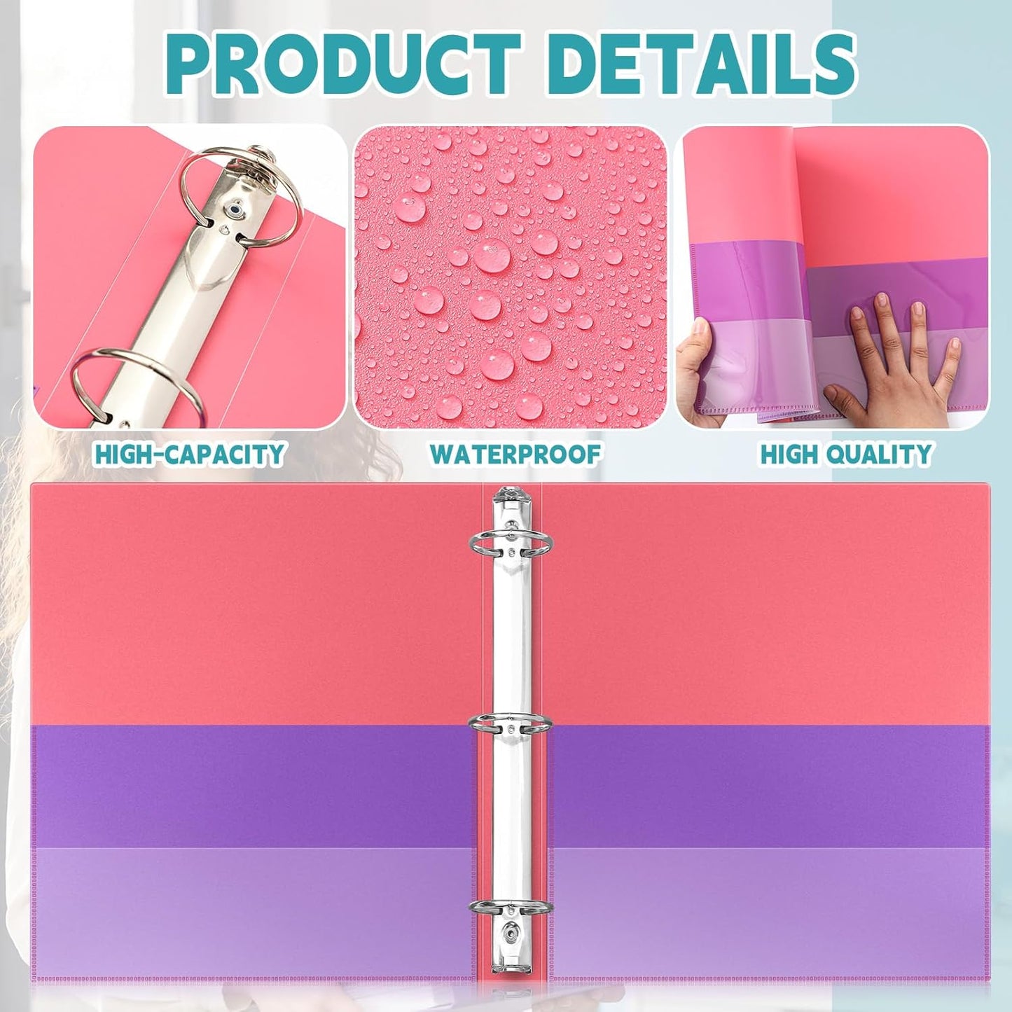 Henoyso 4 Pack Plastic Two-Tone View 3 Ring Binder, 1 Inch Round Ring Binder with Four Inner Pockets, Heavy Duty View Binders for School and Office, Pink, Teal, Purple and Lime (Clear Font Pocket)
