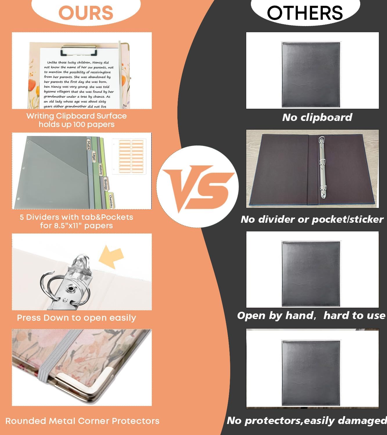 3 Ring Binder 1 Inch, Three Ring Binders Organizer with Clipboard, 5-Tabs Pockets Dividers, Plastic Folder, 18 Divider Stikers, BVSSX Pretty Binder with Pen Loop (Black Weeds, Letter Size)