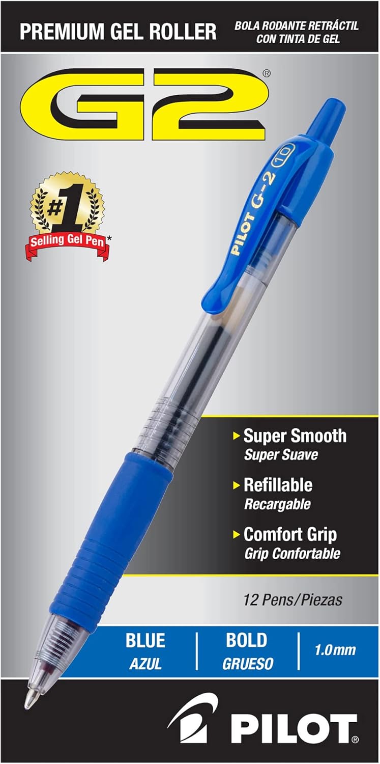 PILOT G2 Premium Refillable & Retractable Rolling Ball Gel Pens, Bold Point, Blue Ink, 12-Pack (31257)