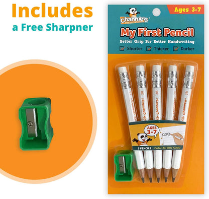Channie's My First Pencil, Easy-to-Hold Jumbo Pencils for Preschoolers, Kindergarteners & 1st Graders, Brown Wooden 2B Fat Pencils for Kids Ages 3-7, 2 Pack (5 Each) + Sharpener