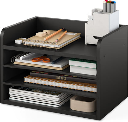 Ballucci 4-Tier Paper Organizer for Desk, Stackable Tray, Desk Storage Organizer Shelves, Stacking Letter Paper Tray Sorter for Classroom Office, Black