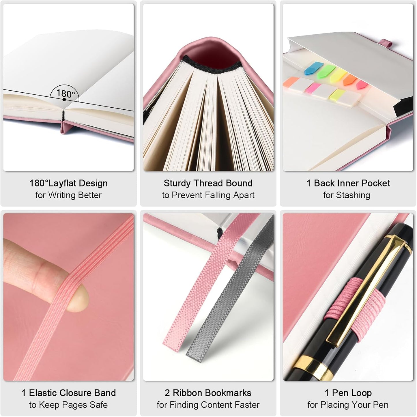 5 Pack College Ruled Notebook, 312 Numbered Pages Thick Notebooks Bulk, 100gsm No Bleed Paper Hardcover Leather Journal, Lined Journal Notebook Set for Women Men School Office, A5, Multicolor
