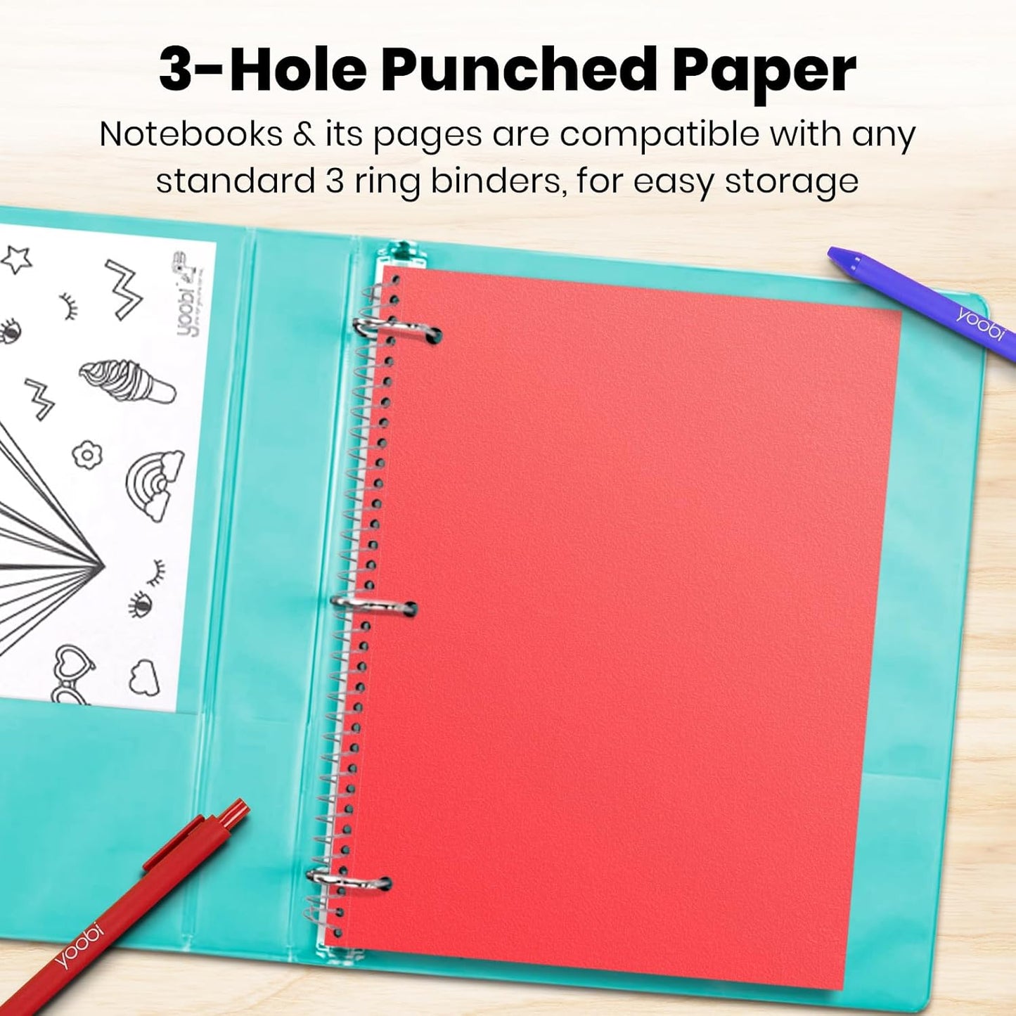 Yoobi College Ruled 8 x 10.5” Spiral Notebook Set – 3-Pack of 1 Subject Notebooks, Pink, Purple & Black Celestial Patterns – 150 Perforated 3-Hole Punched Sheets