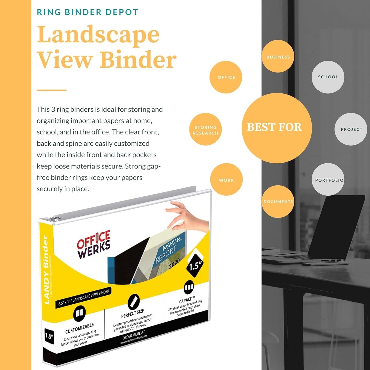 8.5" X 11" Landscape View Binder, 3-Ring 1.5 Inch Capacity Round Ring, White Horizontal Formatted with Clear Cover Pockets for Documents, Spreadsheets, Projects and More