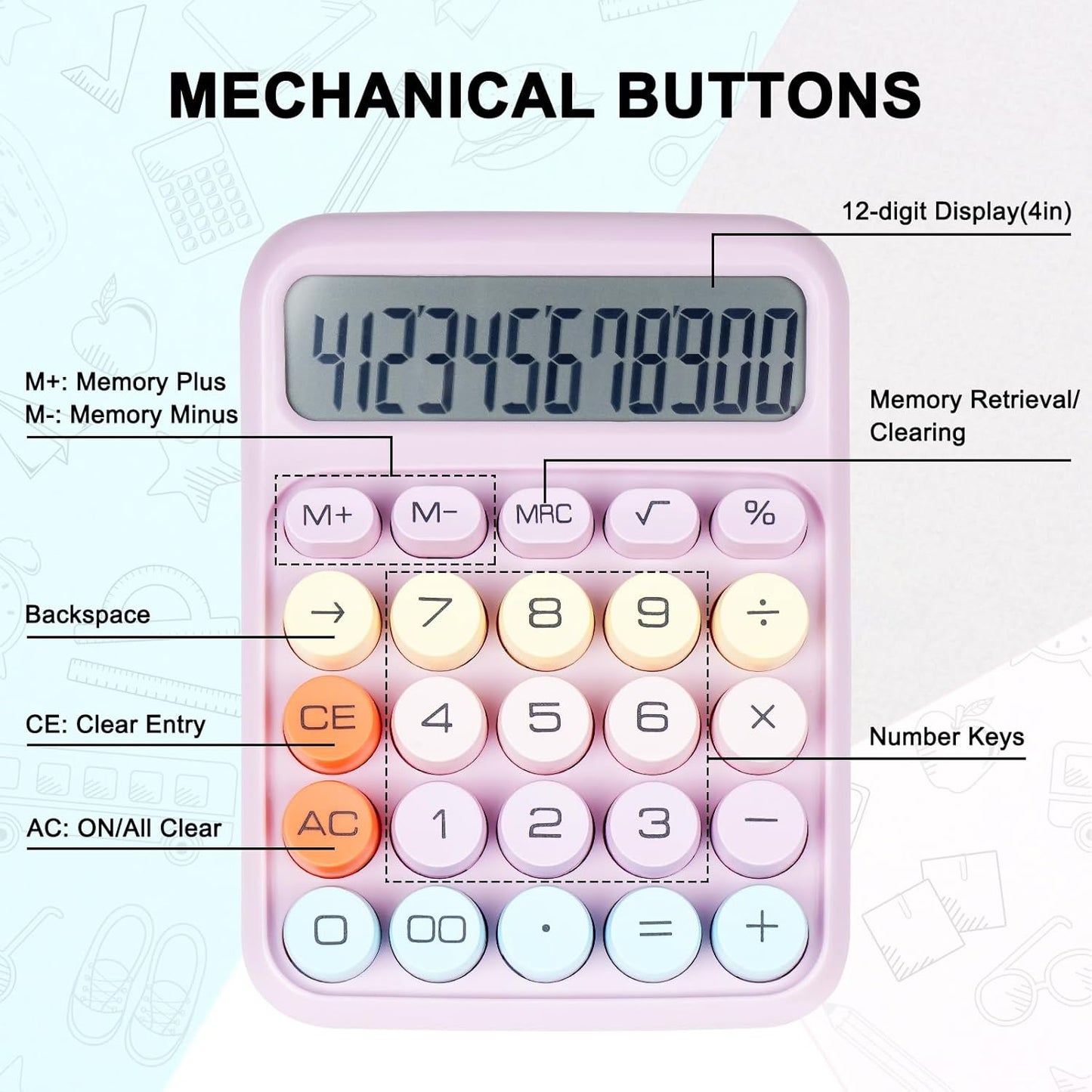 Mechanical Switch Calculator with Big Buttons, Calculators Desktop, 12 Digits, Large LCD Display, Desk Calculator, Cute Pink Calculators for Teachers Students Basic Office (Pink)