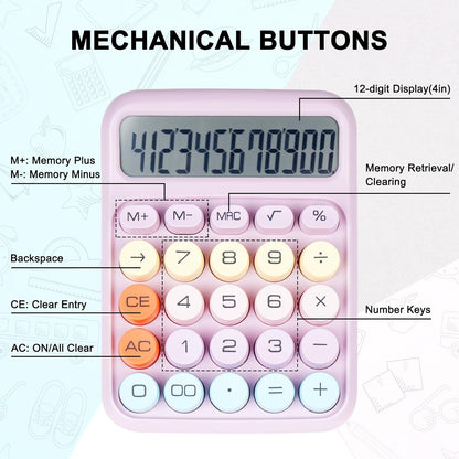 Mechanical Switch Calculator with Big Buttons, Calculators Desktop, 12 Digits, Large LCD Display, Desk Calculator, Cute Pink Calculators for Teachers Students Basic Office (Pink)