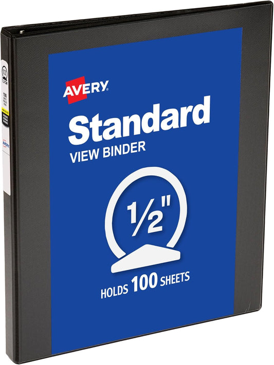 Avery Standard View 3 Ring Binder, 0.5" Round Rings, 100-Sheet Capacity, 0.7 Inch Wide Spine, 1 Black Binder, Ideal for Lightweight Organization and Occasional Referencing (17701)
