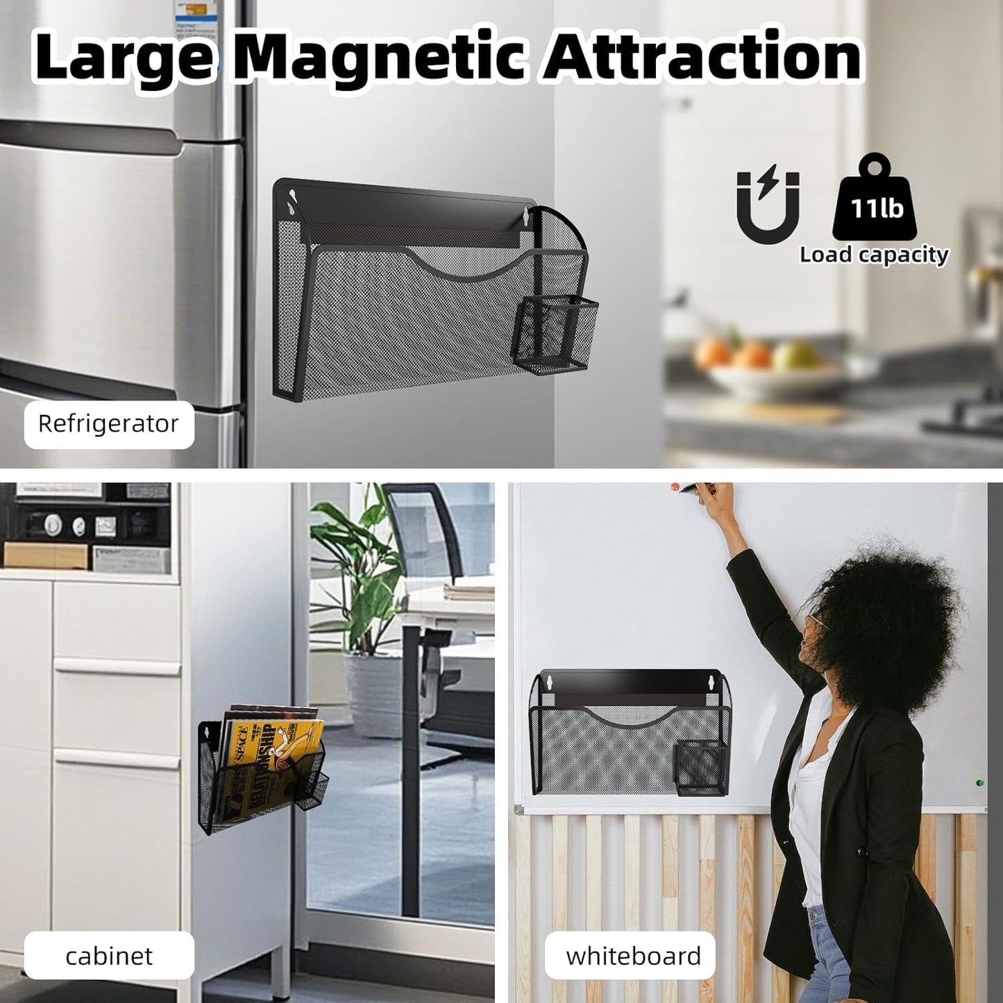 Magnetic File Holder 1 Pockets File Folder Organizer with Pen Holder, Office Hanging Magazine Rack for File Cabinets, Magnetic Paper Holder, No Drilling Mail Organizer for Refrigerator, Office (Black)