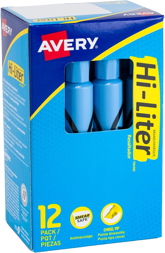 Avery Hi-Liter Desk-Style Highlighters, Smear Safe Ink, Chisel Tip, 12 Light Blue Highlighters (07746)