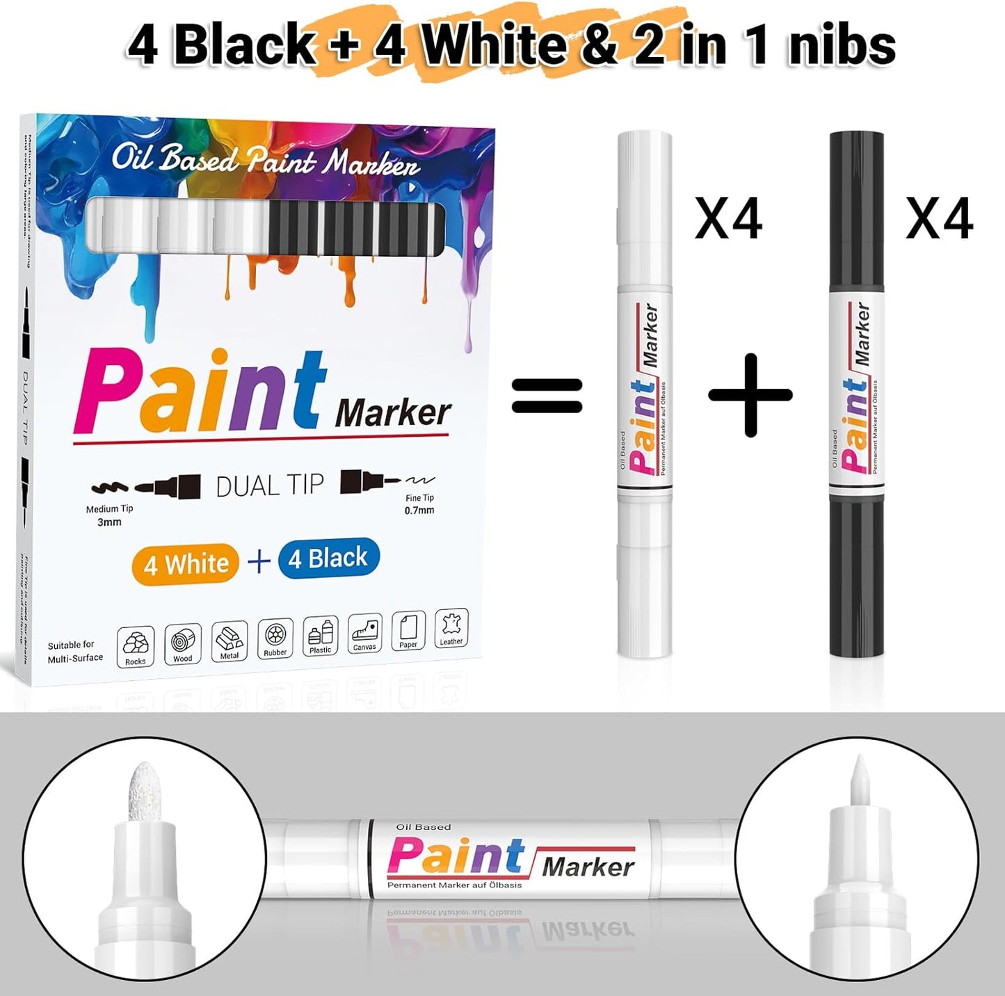 Dual Tip Paint Pens Paint Markers, 4 White & 4 Black Oil Based Permanent Markers - 0.7mm Extra Fine Tip, Waterproof, Quick-drying, Good Coverage for Rock, Metal, Tire, Plastic, Wood, Glass, Fabric