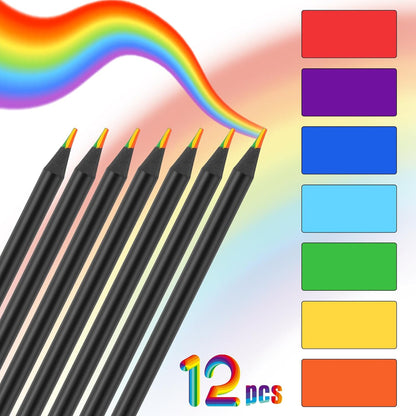 12 Pcs Rainbow Pencils with Sharpener, 7 Color in 1, Black Wooden, Art Supplies for Kids & Adults, Birthday Pencils