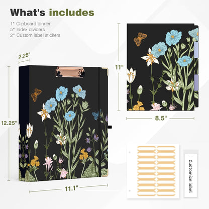 Ospelelf Binder 3 Ring 1 Inch, Floral Round Ring Clipboard Binder for Letter Size with 5 Tab Dividers, File Folder Labels, for School and Office Supplies