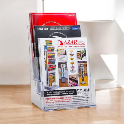Azar Displays 252376 Four Tier, Four Pocket Letter Brochure File Holder for Flyer, Office Supplies, Paper Document or Magazines, Clear Organizer for Wall and Counter Desktop Stand, 8.5" x 11"