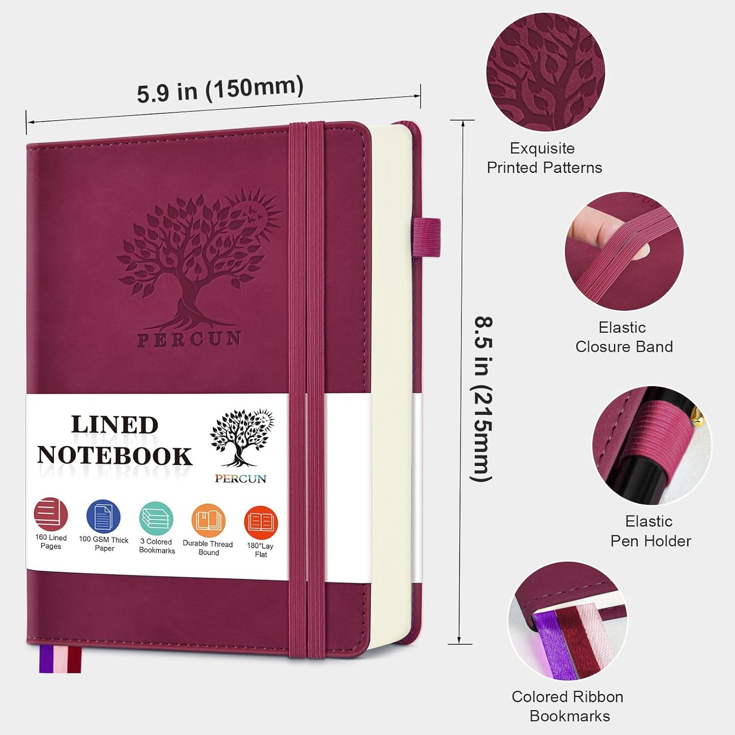 PERCUN Graph Paper Notebook, 160 Pages Grid Journal for women & men, A5 Hardcover Leather Graphing Notebook for School, Work, Travel, Note Taking 5.9”x8.5” (Black)