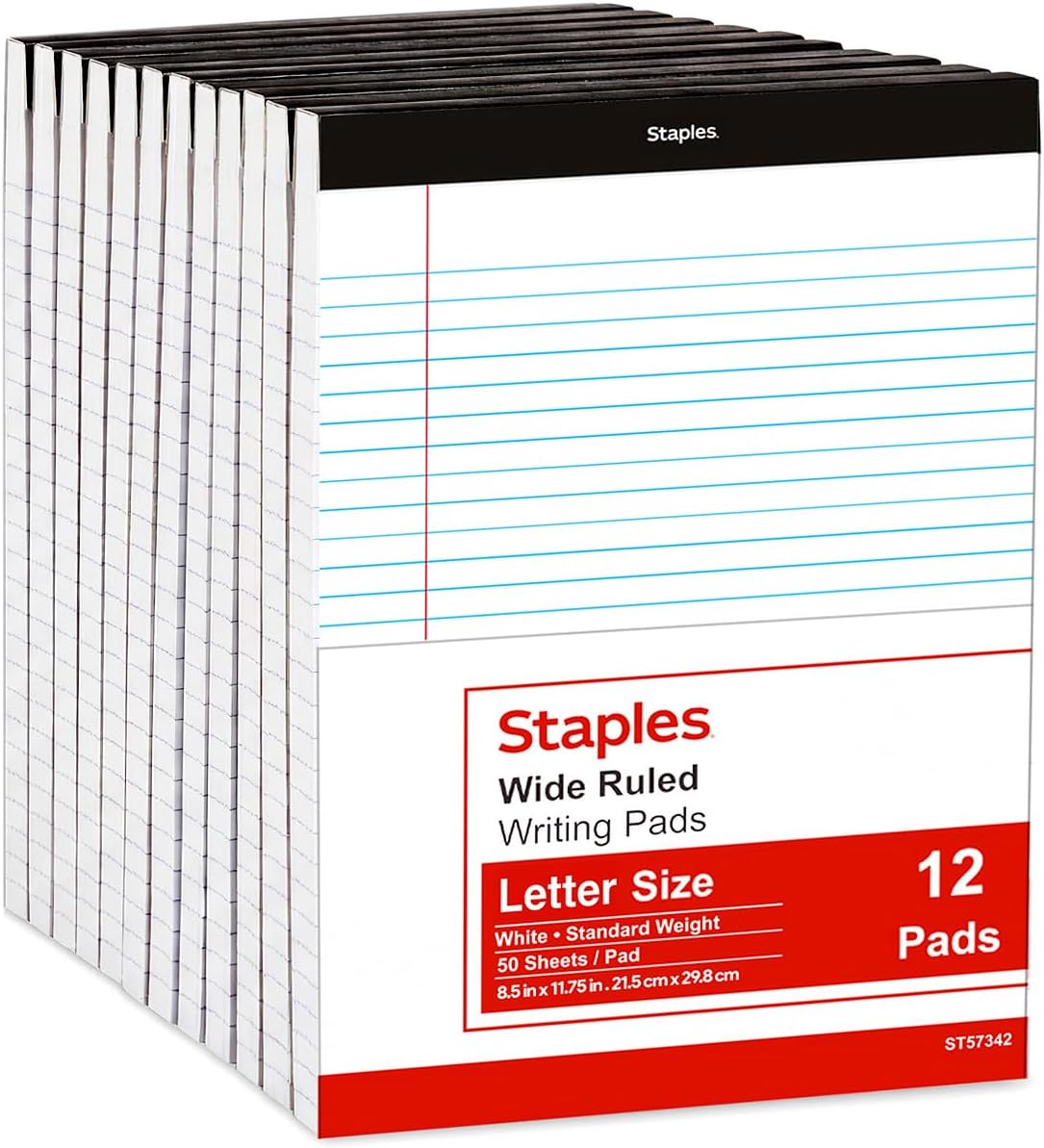 STAPLES Notepads, 8.5” x 11”, Wide Ruled, White, 50 Sheets/Pad, 12‑Pack