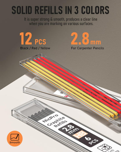 Nicpro Carpenter Pencil with Sharpener, Mechanical Pencils Set with 26 Refills, Deep Hole Marker for Construction, Heavy Duty Woodworking Tools for Architect (Black, Red) - With Case