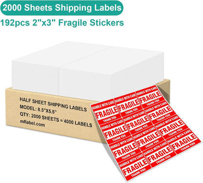 MFLABEL Half Sheet Shipping Labels - 200 Self Adhesive Sticker Sheets for Laser & Inkjet Printers, Waterproof & Smudge-Free, with 12 Free Fragile Labels for Packaging, Shipping and Crafting - Colors B