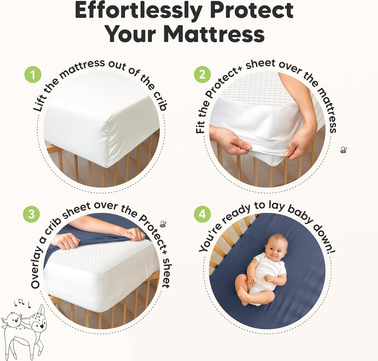 2-Pack Waterproof Crib Mattress Protector Cover Fitted - Quiet Baby Crib Mattress Pad Sheets, 52" x 28" Soft Quilted Cotton Baby Sheet, Machine Washable, Easy Fit, Durable (Soft White/Mavy)