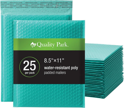 Quality Park Bubble Mailers, 8.5 x 11 Shipping Envelopes, Water Resistant White Poly Padded Envelopes, Redi-Strip Peel Off Closure, 25/Box (QUA85859)