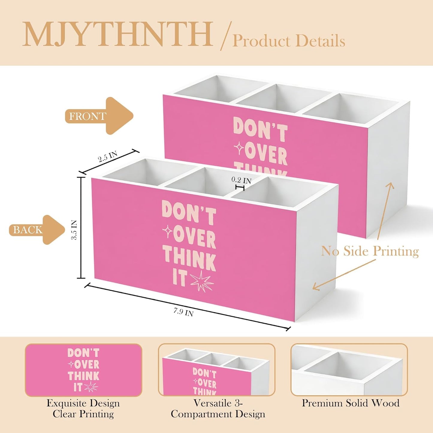 Don't Overthink It Inspirational Pencil Pen Holder for Desk, Pink Positive Affirmations Wooden Box Sign Pen Holder Organizer for Home Office School Desk Accessories