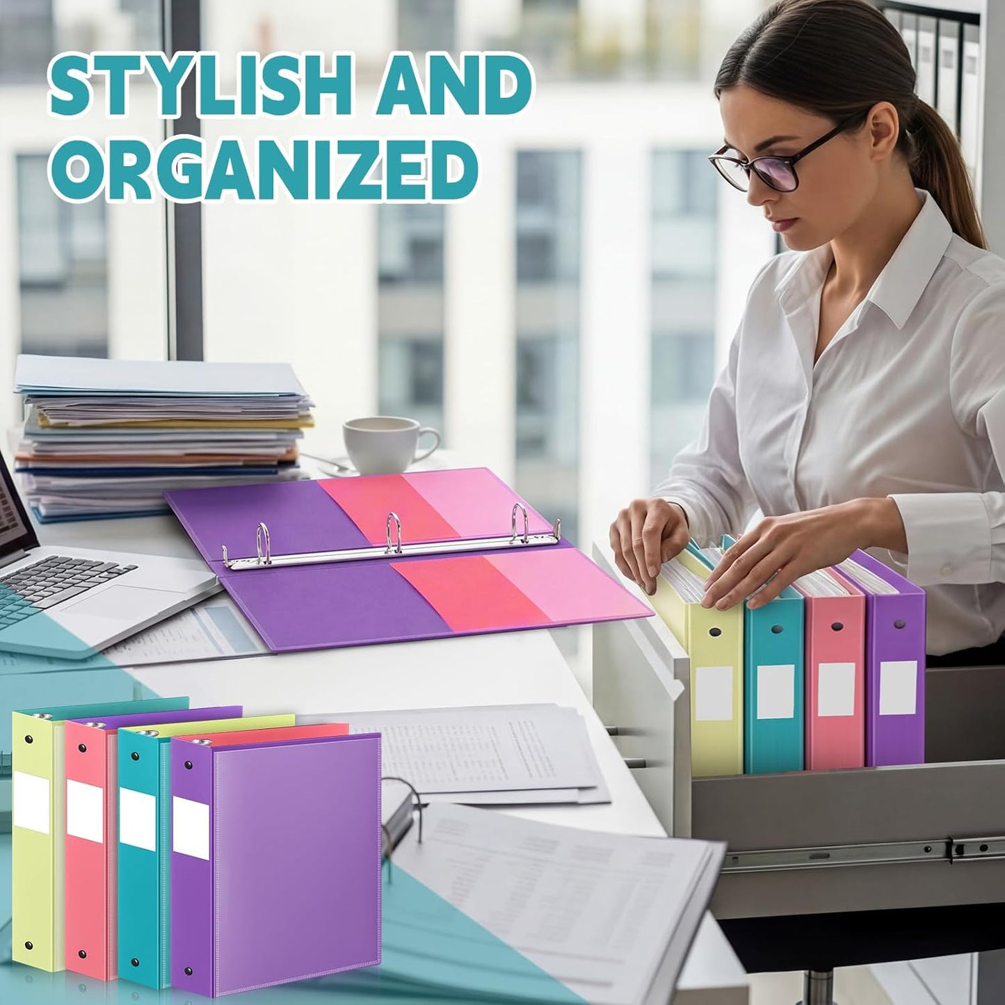 Henoyso 4 Pack Plastic Two-Tone View 3 Ring Binder, 1 Inch Round Ring Binder with Four Inner Pockets, Heavy Duty View Binders for School and Office, Pink, Teal, Purple and Lime (Clear Font Pocket)