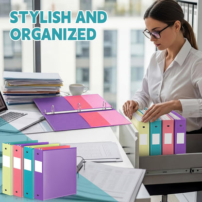 Henoyso 4 Pack Plastic Two-Tone View 3 Ring Binder, 1 Inch Round Ring Binder with Four Inner Pockets, Heavy Duty View Binders for School and Office, Pink, Teal, Purple and Lime (Clear Font Pocket)