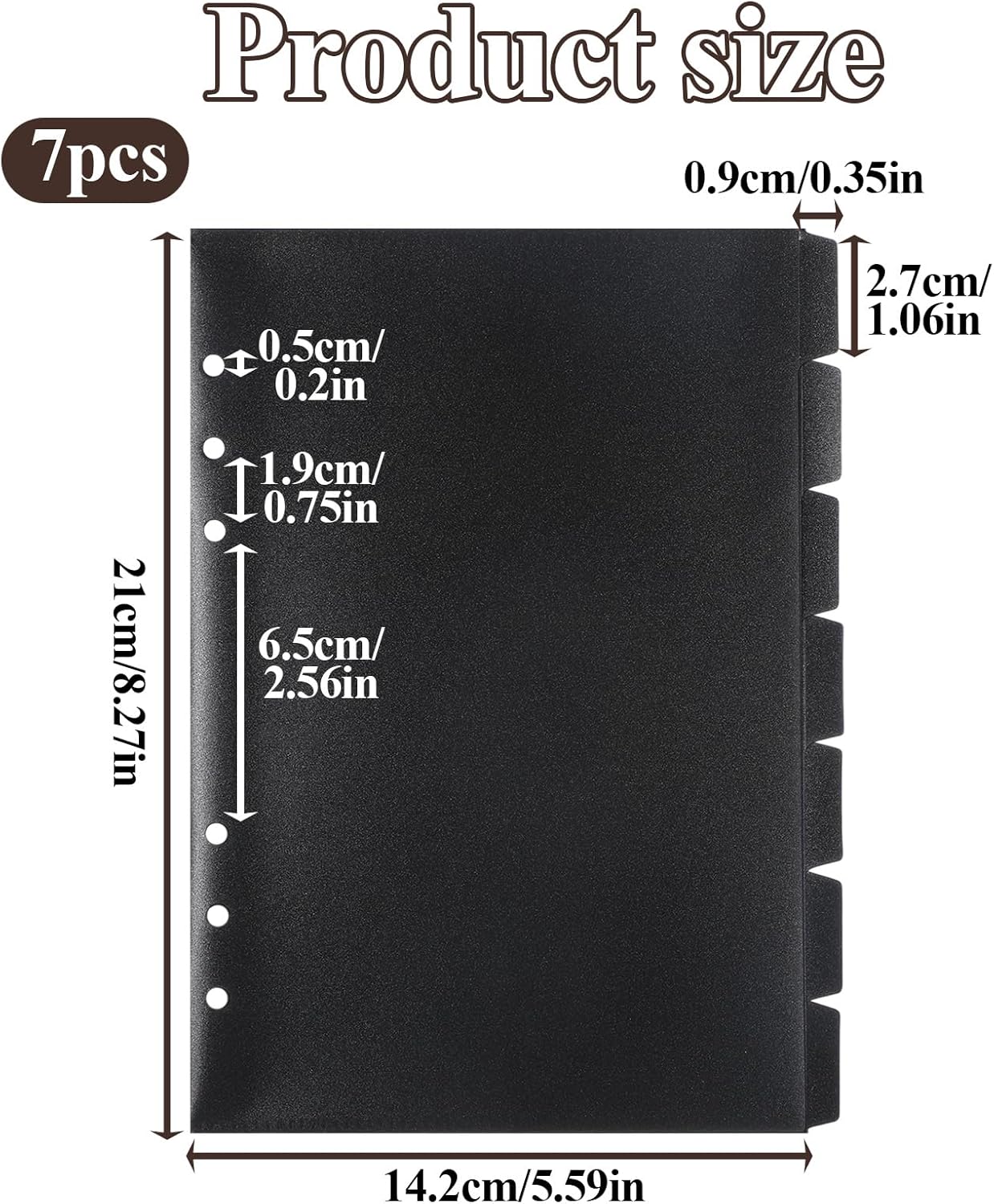 Thinp A5 6 Ring Binder Dividers with Tabs, 7-Pack Plastic A5 Tab Dividers Black Binder Index Divider Insertable Planner Inserts 6 Hole for Notebooks and Binders (Black)