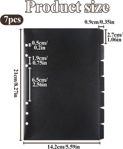 Thinp A5 6 Ring Binder Dividers with Tabs, 7-Pack Plastic A5 Tab Dividers Black Binder Index Divider Insertable Planner Inserts 6 Hole for Notebooks and Binders (Black)