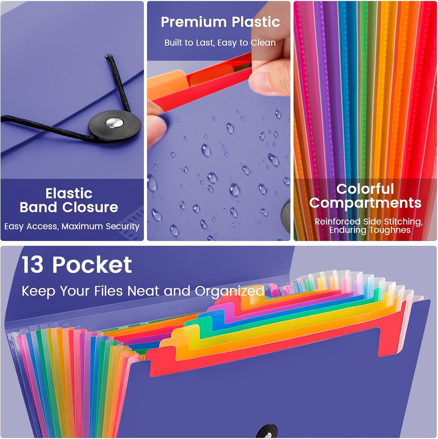 13 Pocket Accordion File Organizer with Elastic Closure, Expanding File Folder for Letter Size A4 Papers, Ideal for Home, Office Supplies, College Essentials - Purple