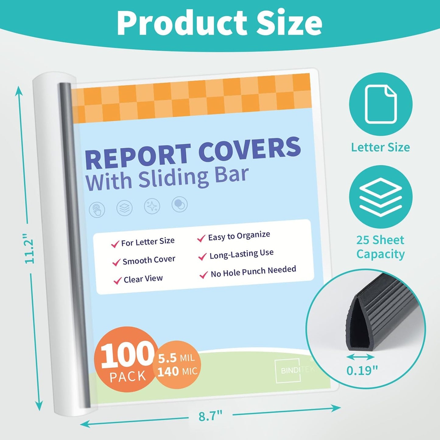 Binditek 12 Pack Clear Report Covers with Black Sliding Bars, 70 Sheet Capacity, 9mm Binding Bars, Letter Size, 5.5 Mil Thick, Black, for Students and Coworkers