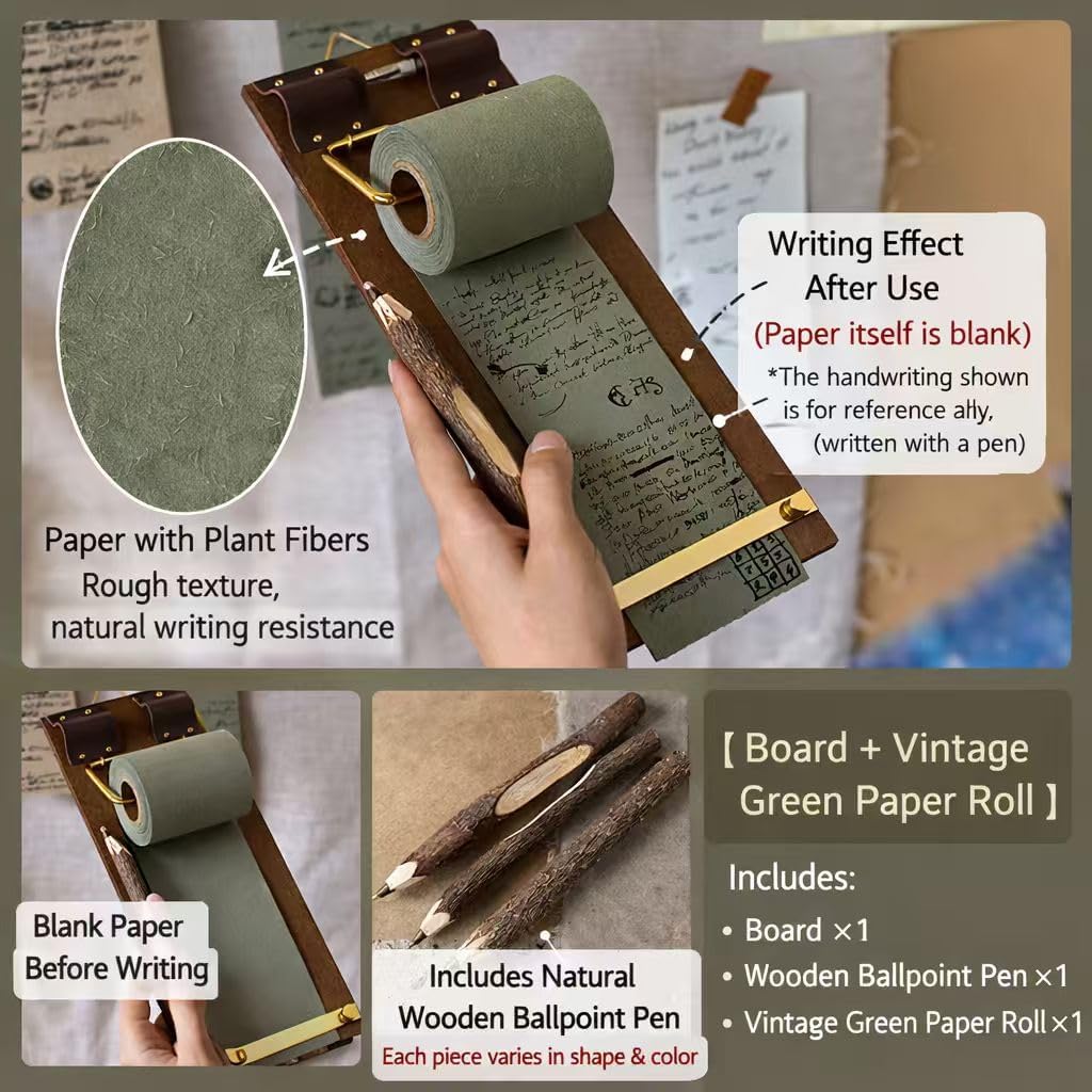 Retro Wall Mounted Memo Board with 1 Natural Dark Green Roll – Rustic Clipboard Notepad, Tearable Writing Pad for Notes, Menu, Kitchen, Café and Home Office Decoration
