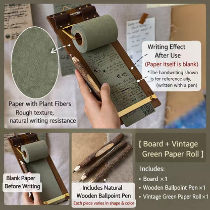 Retro Wall Mounted Memo Board with 1 Natural Dark Green Roll – Rustic Clipboard Notepad, Tearable Writing Pad for Notes, Menu, Kitchen, Café and Home Office Decoration