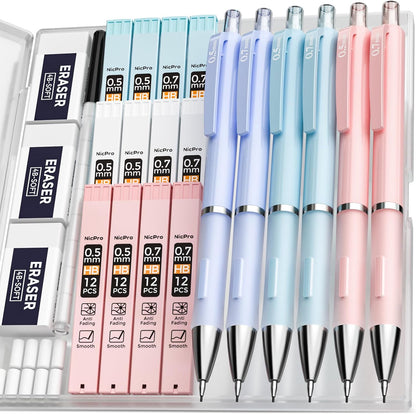 Nicpro 3PCS Cute Mechanical Pencil Set with Case, 0.7 mm Pencils with 6 Tube HB Lead Refill, 3PCS Eraser, 9PCS Eraser Refill for School Supplies Student Writing, Drafting Drawing Sketching