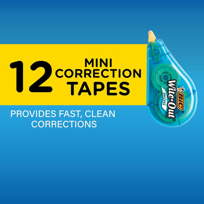 BIC Wite-Out Mini Correction Tape, White, No Dry Time, Long Lasting, 12-Count