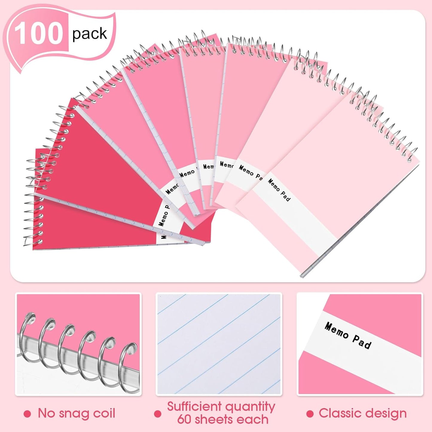 Thenshop 100 Pads Spiral Memo Pads Bulk 3 x 5 Inch Small Pocket Notepad Top Bound Lined 60 Sheets Mini Notebooks for School College Office Home Supplies (Fresh Colors)