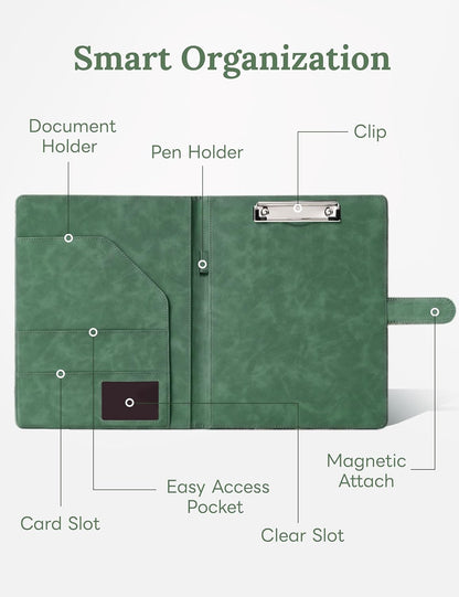 Clipboard Folder Padfolio A4, Mymazn Writing Portfolios Faux Leather Clipboards with Cover for Legal Pad Holder Letter Size 8.5 x 11 for Business Conference Notepad Clip Board (Gray Green)