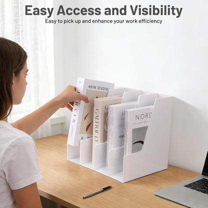 CiWiVOKi Vertical Magazine File Holder, Desk Organizer and Storage for Magazines, Binders, Notebooks, Envelopes, Multi-Purpose Desktop File Organizer for Home, Office & Classroom, 4 Pack, White