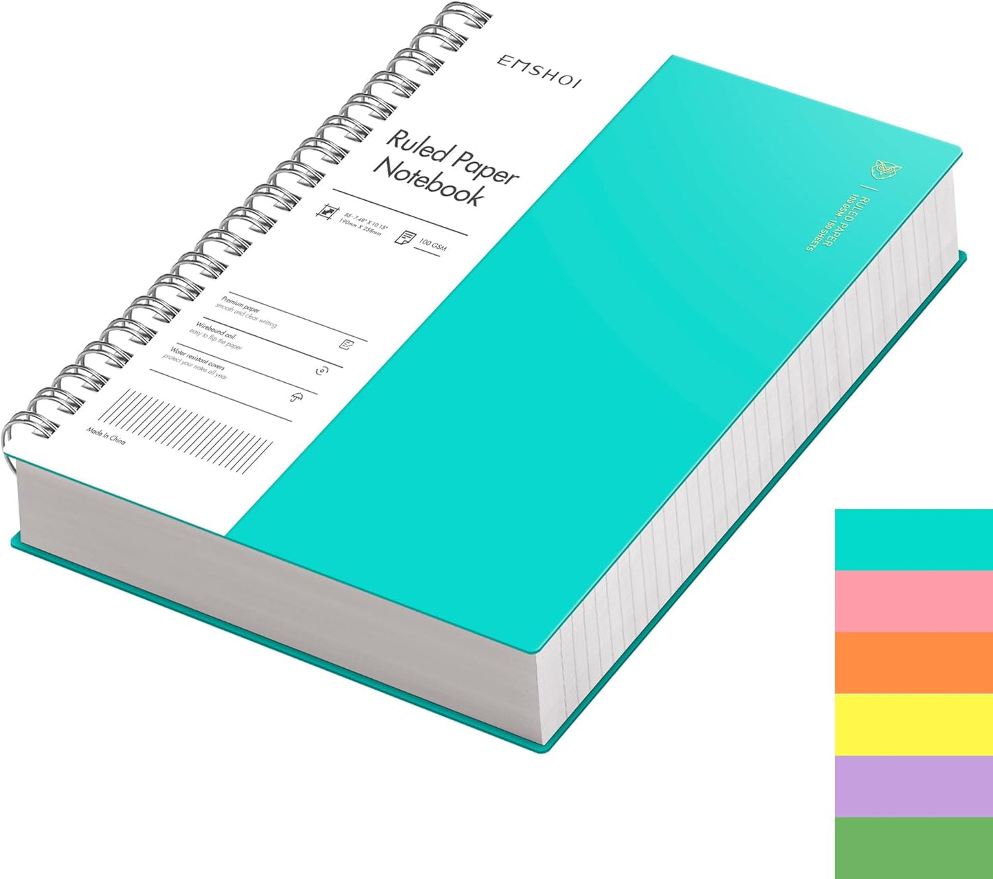 EMSHOI A5 Spiral Notebook College Ruled Lined Journal, Small 5.7" X 8.22", 300 Pages/150 Sheets, 100gsm Thick Paper, Waterproof Hardcover, for Office School Women Men Work Writing Notes, Blue