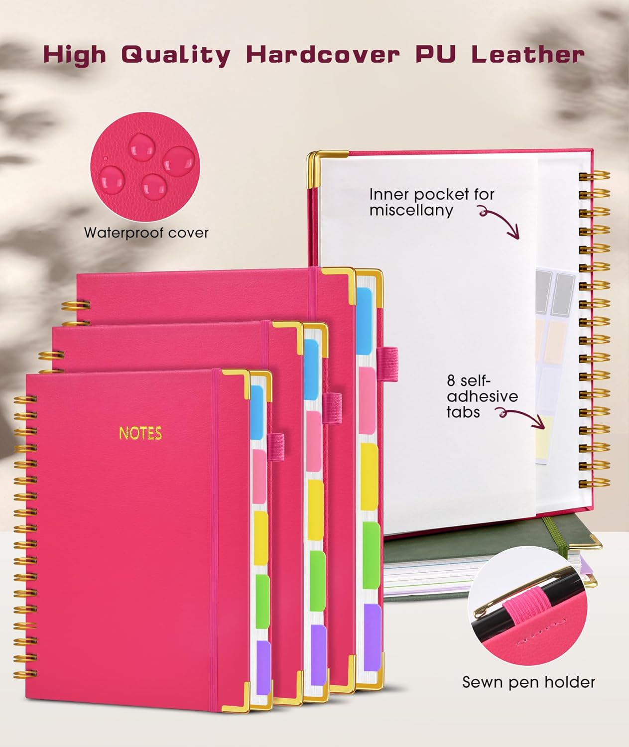 Hardcover Spiral Notebook Journal with Removable Dividers Tabs, 300 Pages Leather 5 Subject Notebook College Ruled, 8"x10" Large B5 Notebooks for Work School Note taking, Lined Journal for Women, Pink
