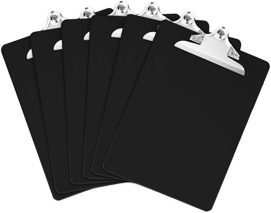 Black Plastic Clipboards (Set of 6) Multipack - 12.5x9 Inch Clipboard Holds 100 Sheets, Low Profile | Colored Acrylic Clip Boards in Bulk for Kids & Professionals