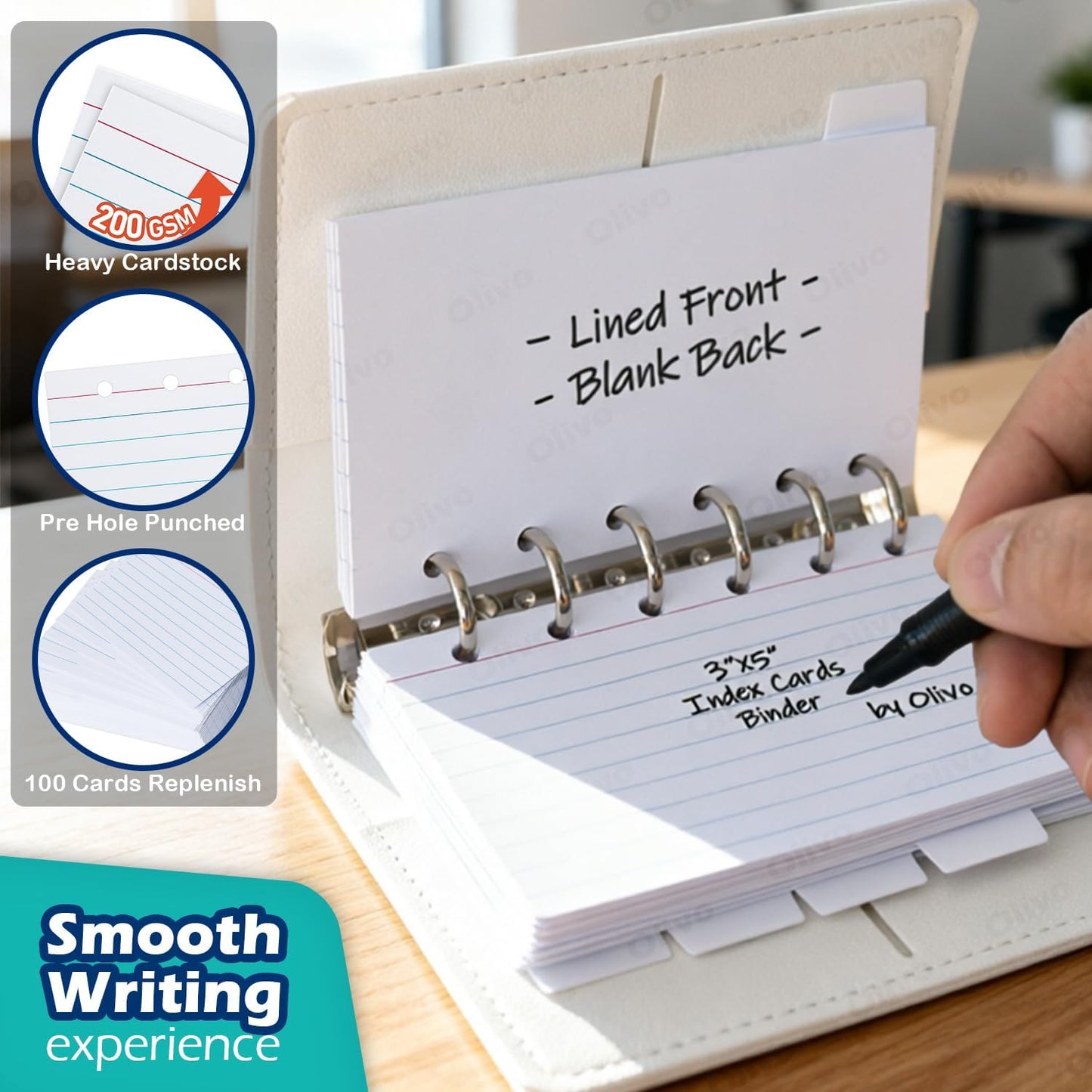3x5 Lined Index Cards with Ring Binder Holder and Dividers, 100 Note Cards, Green
