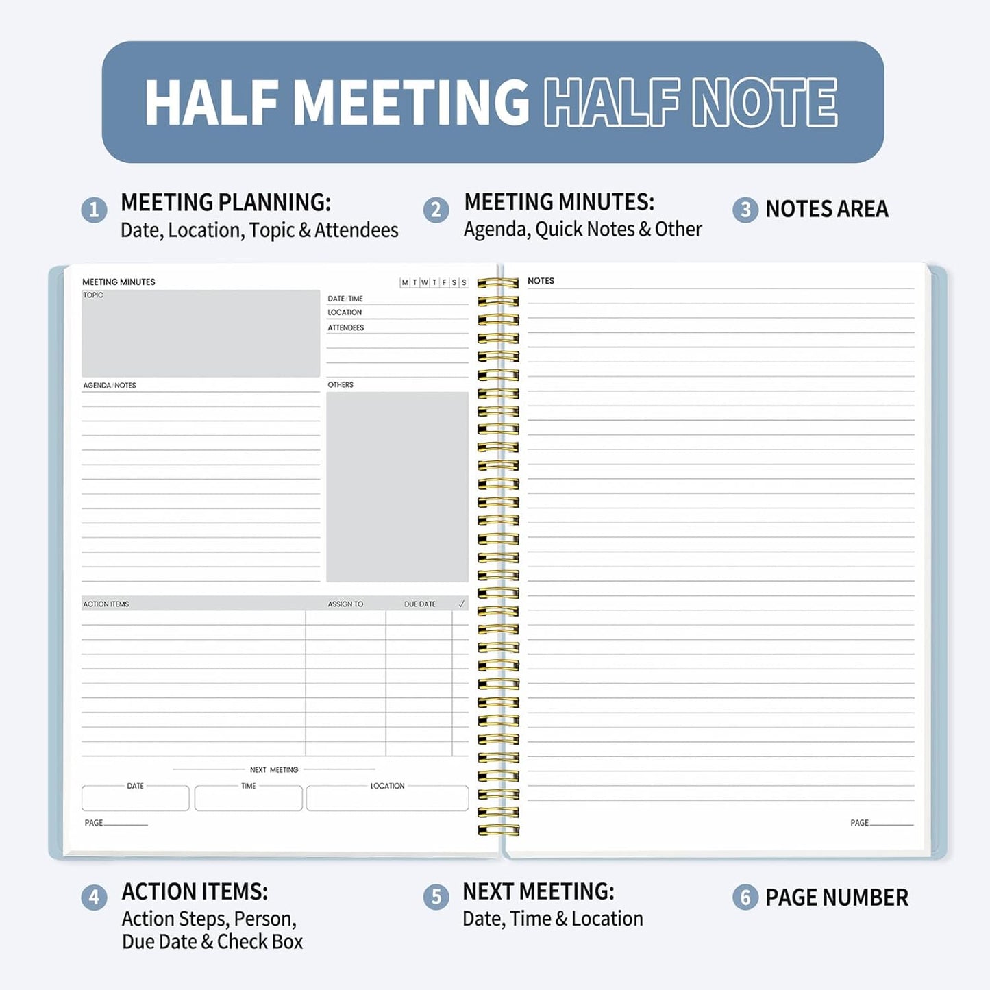 SUNEE Half Meeting Half Note - 7.5"x10" Professional Notebooks for Work - 160 Pages, B5 Size Project Planner, Spiral Meeting Agenda/Minutes Organizer for Women Men, Note Taking, Office & Business