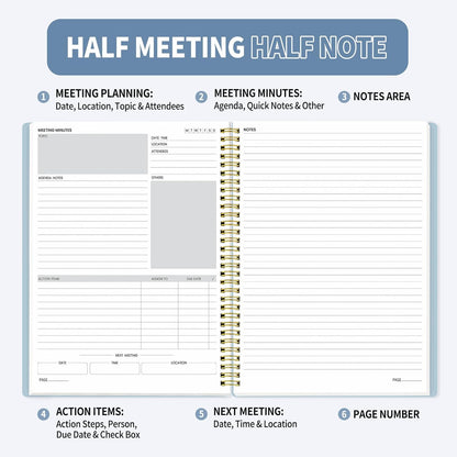 SUNEE Half Meeting Half Note - 7.5"x10" Professional Notebooks for Work - 160 Pages, B5 Size Project Planner, Spiral Meeting Agenda/Minutes Organizer for Women Men, Note Taking, Office & Business