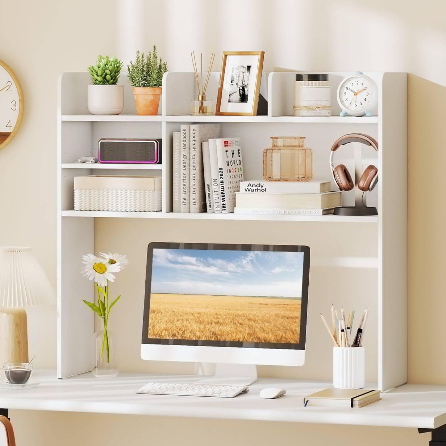 Tangkula Desktop Bookshelf, Countertop Storage Hutch with 5 Shelves for Computer Desk, Desk 3-Tier Display Rack, Multipurpose Wood Desktop Hutch Storage Organizer for Dorm Office Home