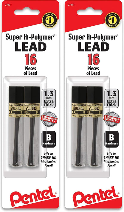 Pentel Super Hi-Polymer Lead Refill (1.3mm) B, 8Pcs/Tube, 2Pk